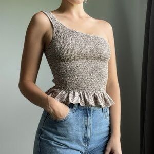 Gaze DTLA One Shoulder Peplum cheetah print crop top